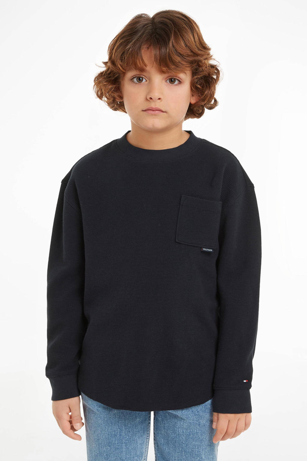 Blauwe jongens Tommy Hilfiger gemêleerde longsleeve van katoen met lange mouwen en ronde hals