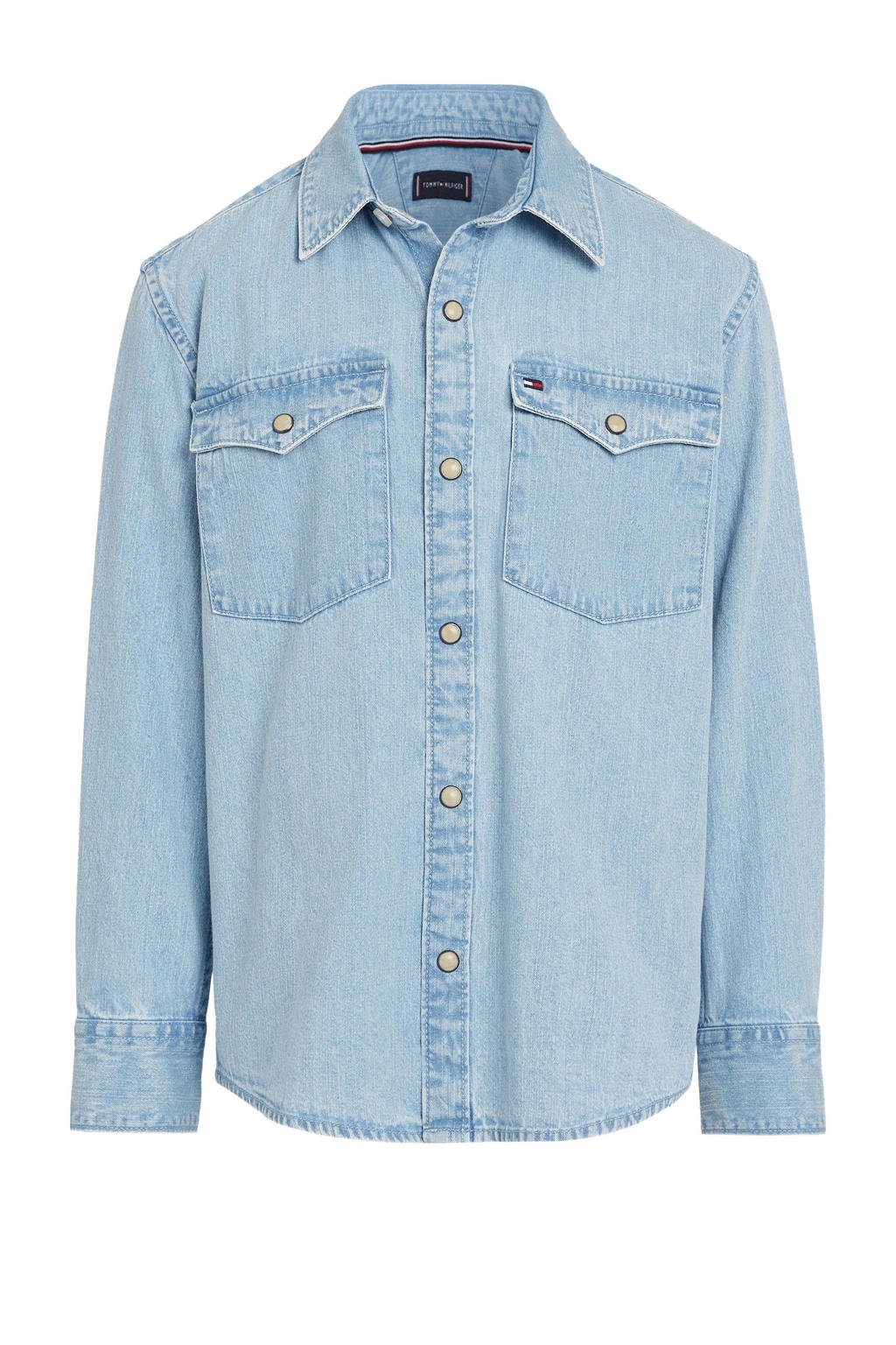 Light blue denim jongens Tommy Hilfiger overhemd mid wash van katoen met effen, lange mouwen, klassieke kraag en drukknoopsluiting