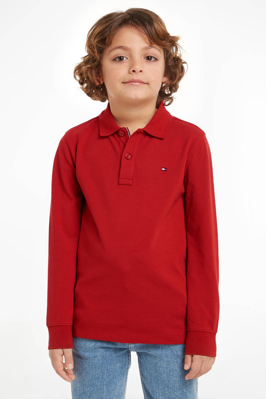Rode jongens Tommy Hilfiger longsleeve van katoen met effen, lange mouwen en polo kraag