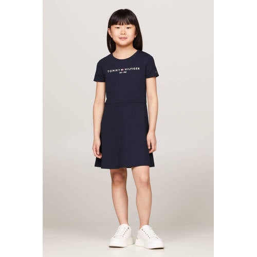 Tommy Hilfiger jurk met logo donkerblauw Meisjes Polyester Ronde hals Logo 128
