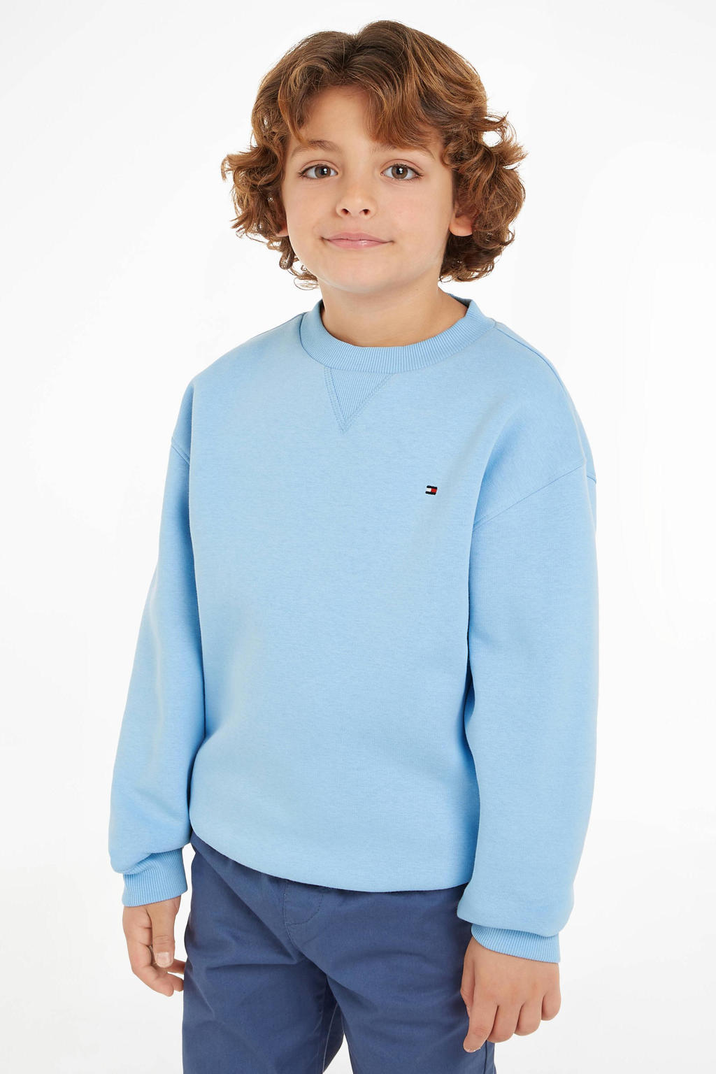 Blauwe jongens en meisjes Tommy Hilfiger sweater met effen, lange mouwen en ronde hals