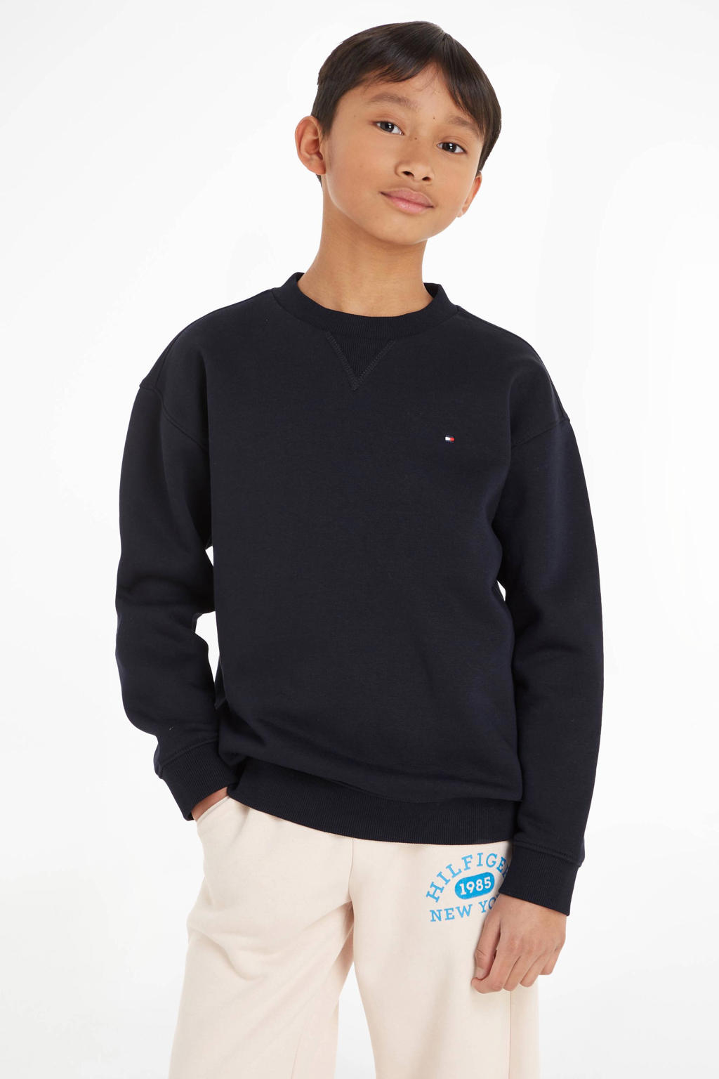 Blauwe jongens en meisjes Tommy Hilfiger sweater met effen, lange mouwen en ronde hals