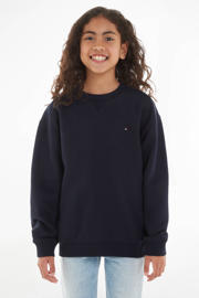 thumbnail: Blauwe jongens en meisjes Tommy Hilfiger sweater met effen, lange mouwen en ronde hals
