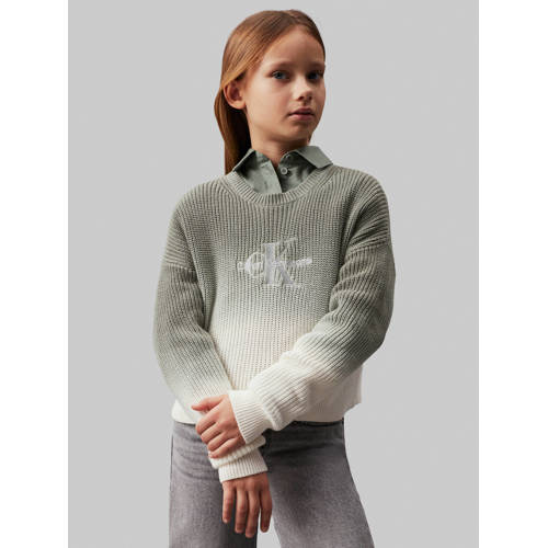 Calvin Klein trui olijfgroen wit Meisjes Katoen Ronde hals Meerkleurig 152