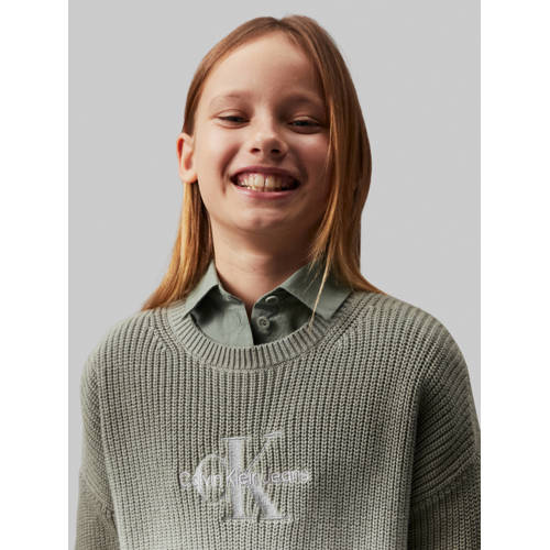 Calvin Klein trui olijfgroen wit Meisjes Katoen Ronde hals Meerkleurig 152