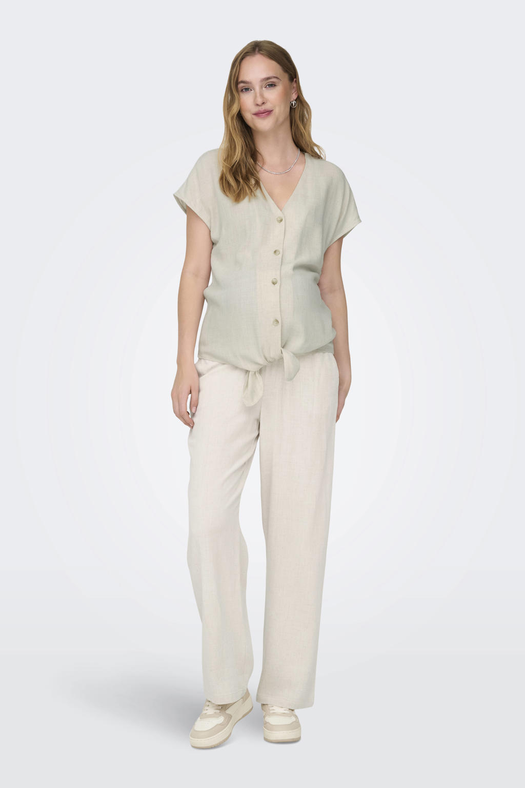 Lichtgrijze dames ONLY MATERNITY straight fit broek van viscose met regular waist, elastische tailleband met koord en effen