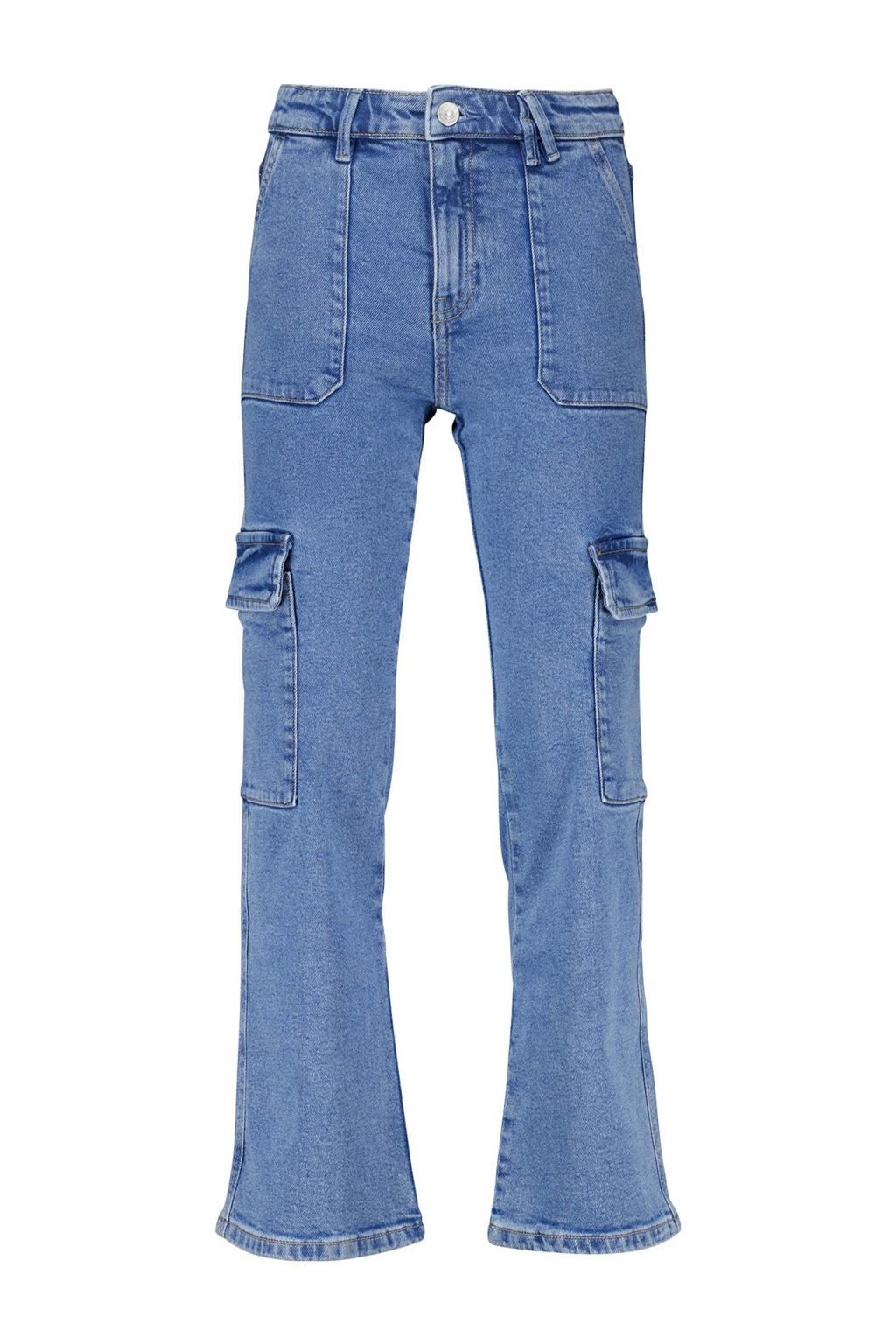 Blauwe meisjes America Today cargobroek van stretchdenim met rits- en knoopsluiting en effen