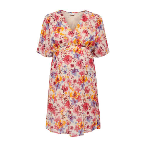 ONLY MATERNITY gebloemde jurk OLMSTAR roze paars oranje Dames Polyester V-hals L