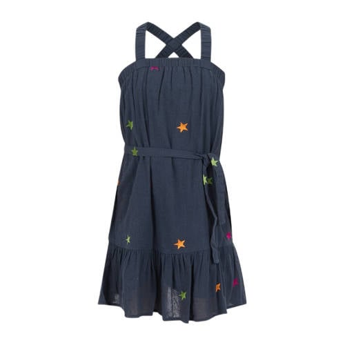 Shoeby jurk met sterren en borduursels donkergrijs Blauw Meisjes Katoen Vierkante hals