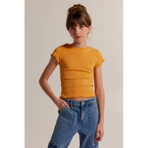 America Today T-shirt geel Meisjes Stretchkatoen Ronde hals Effen 122 128
