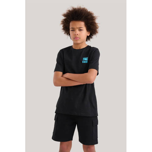 Shoeby T-shirt met backprint zwart blauw Jongens Katoen Ronde hals Backprint 158 164