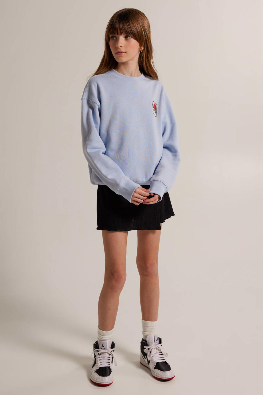 Blauwe meisjes America Today sweater met backprint, lange mouwen en ronde hals