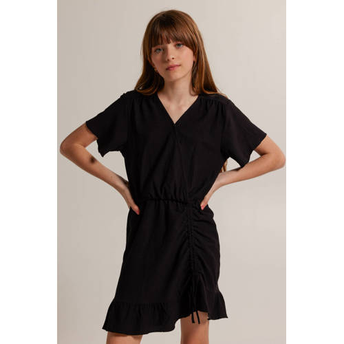 America Today jurk zwart Meisjes Polyester V-hals Effen 134 140