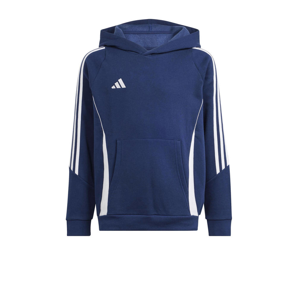 Donkerblauw en witte jongens en meisjes adidas Performance Junior sporthoodie Tiro24 van katoen met strepenprint, lange mouwen en capuchon