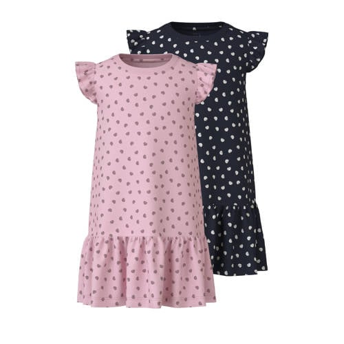 NAME IT MINI jurk NMFVIDA - set van 2 met all over print roze/donkerblauw Meisjes Katoen Ronde hals - 104