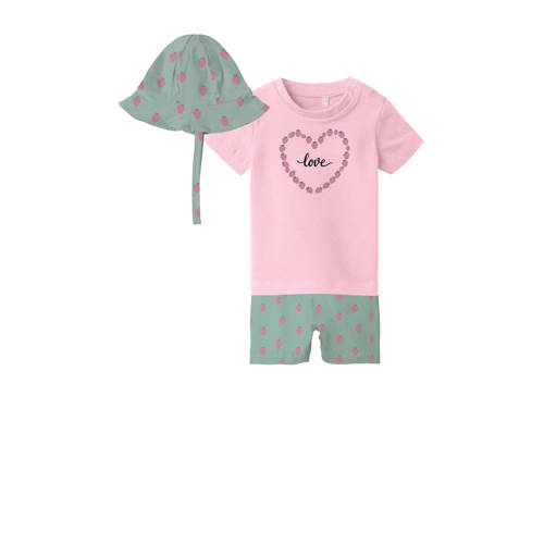 NAME IT BABY T-shirt + korte broek + zonnehoed NBFVUBIE roze/groen Shirt + broek Meisjes Katoen Ronde hals