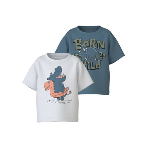 NAME IT MINI T-shirt - set van 2 blauw/wit Jongens Katoen Ronde hals Printopdruk