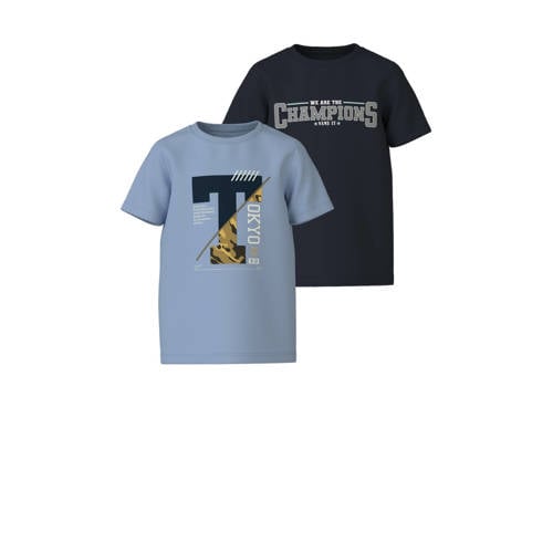 NAME IT KIDS T-shirt NKMVILOGO - set van 2 met printopdruk lichtblauw/donkerblauw Jongens Katoen Ronde hals
