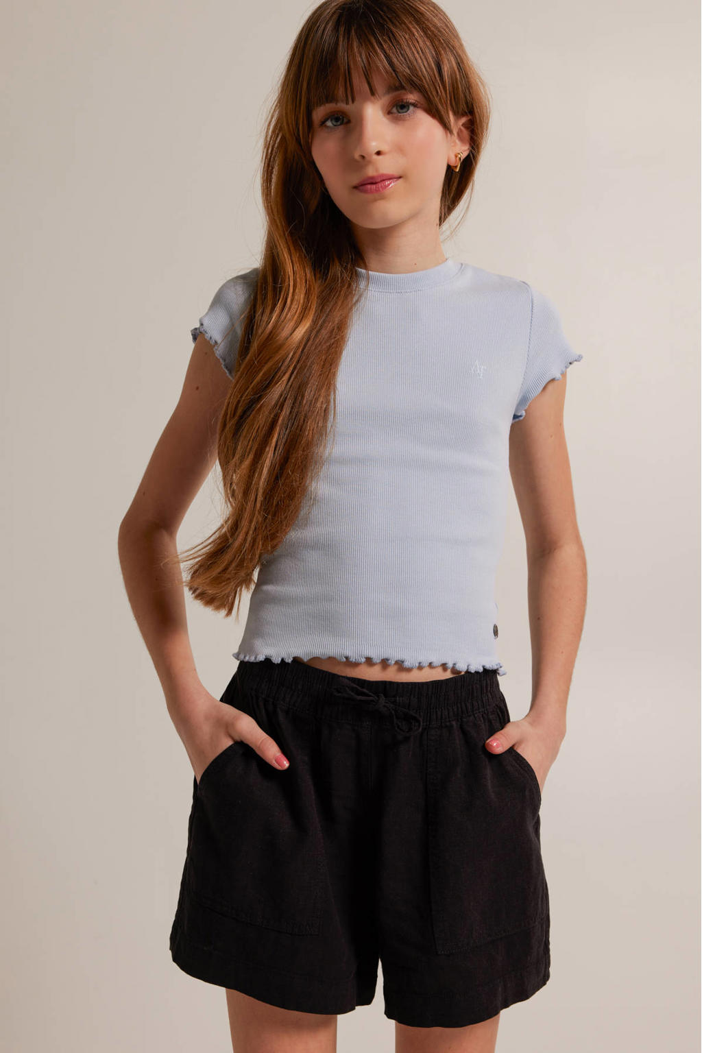 Zwarte meisjes America Today casual short van linnen met elastische tailleband met koord en effen