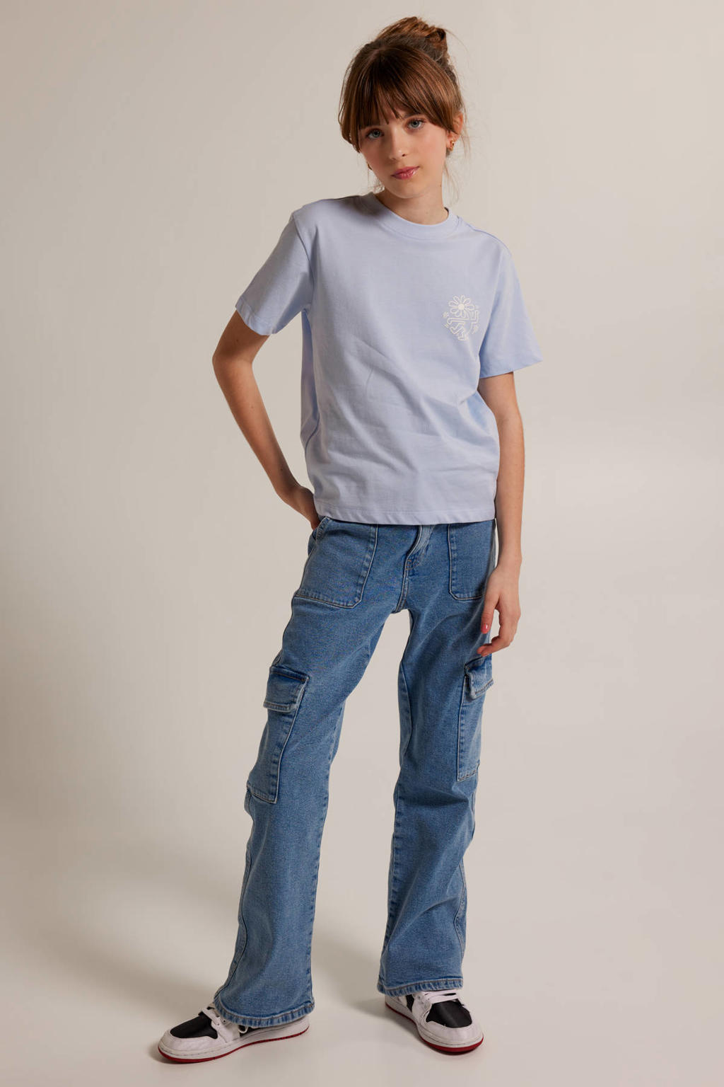 Blauwe meisjes America Today T-shirt van katoen met backprint, korte mouwen en ronde hals