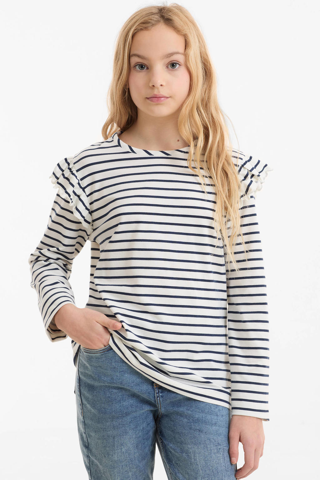 anytime longsleeve met ruffles wit / donkerblauw