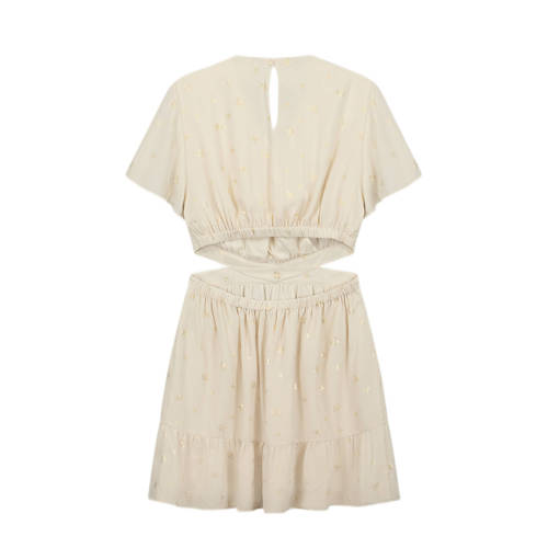 NIK&NIK jurk Shiva met all over print en volant beige goud Meisjes Polyester V-hals 152