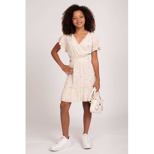NIK&NIK jurk Shiva met all over print en volant beige goud Meisjes Polyester V-hals 152