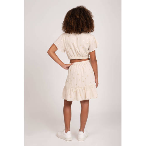 NIK&NIK jurk Shiva met all over print en volant beige goud Meisjes Polyester V-hals 152