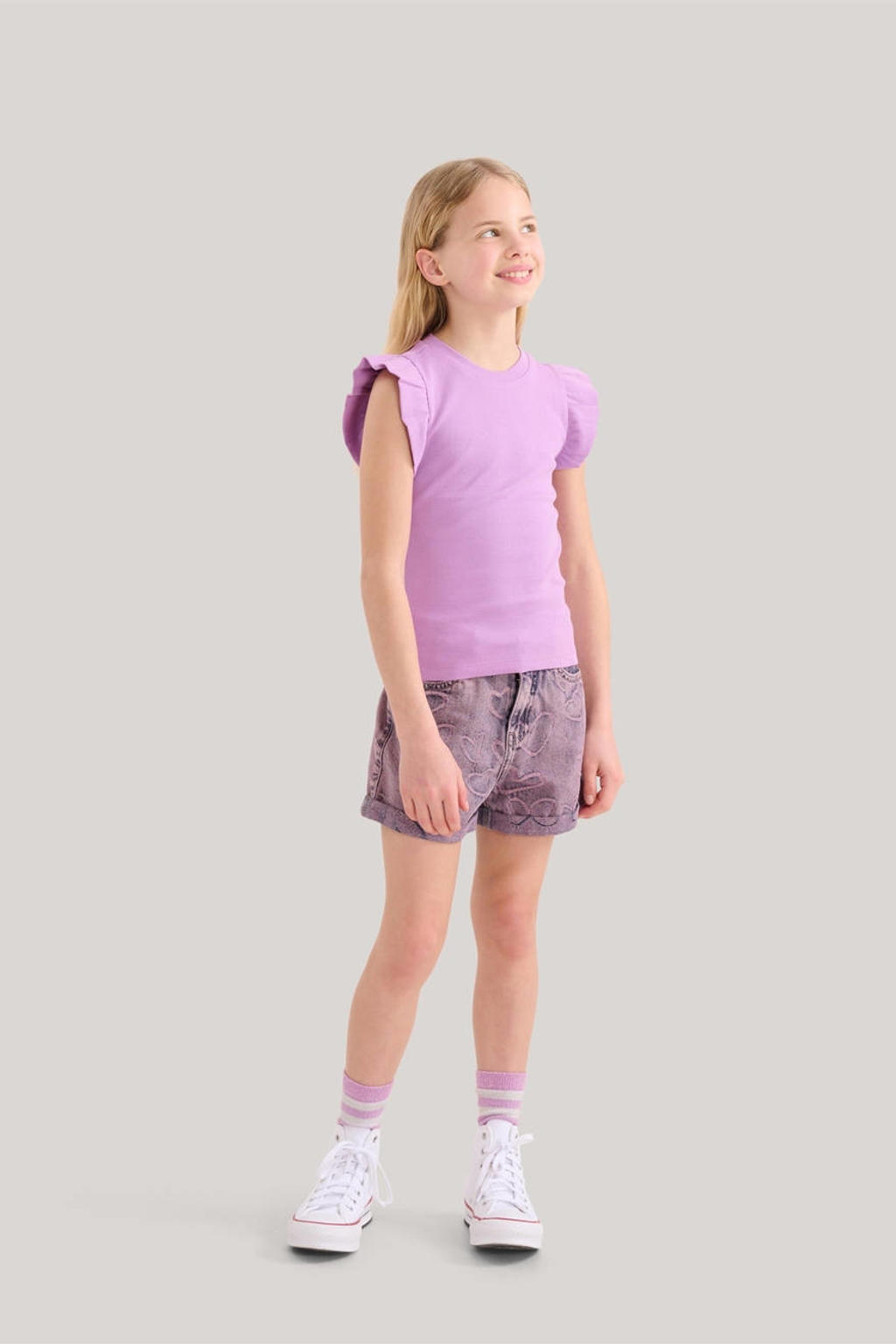 Paarse meisjes Shoeby T-shirt van stretchkatoen met effen, kapmouwtjes, ronde hals en ruches