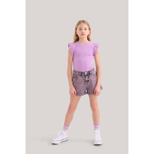 Shoeby T-shirt met ruches paars Meisjes Stretchkatoen Ronde hals Effen 134 140