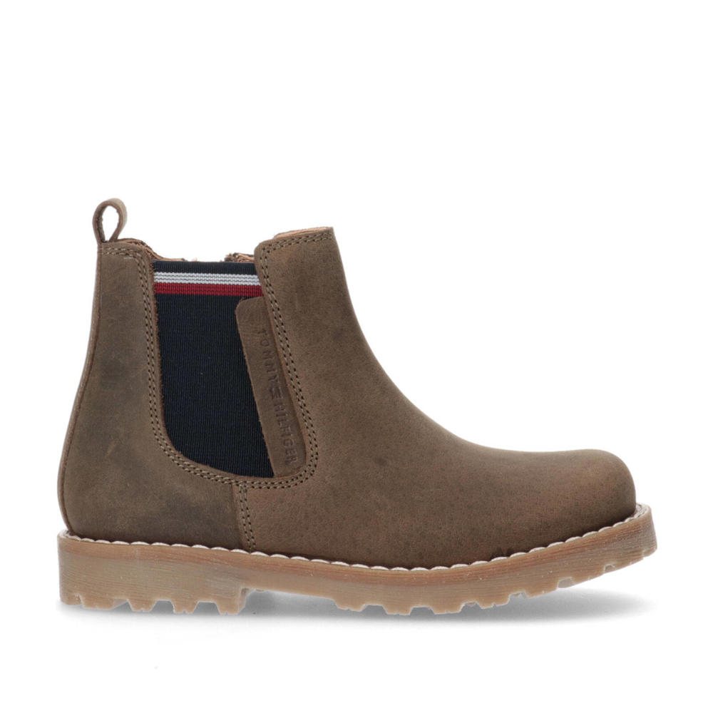 Bruine jongens Tommy Hilfiger chelsea boots groenbruin van imitatieleer met ritssluiting en effen