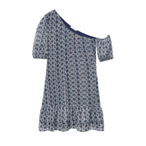 Mango Kids A-lijn jurk met all over print en volant donkerblauw/wit Meisjes Polyester One shoulder - 164(S)