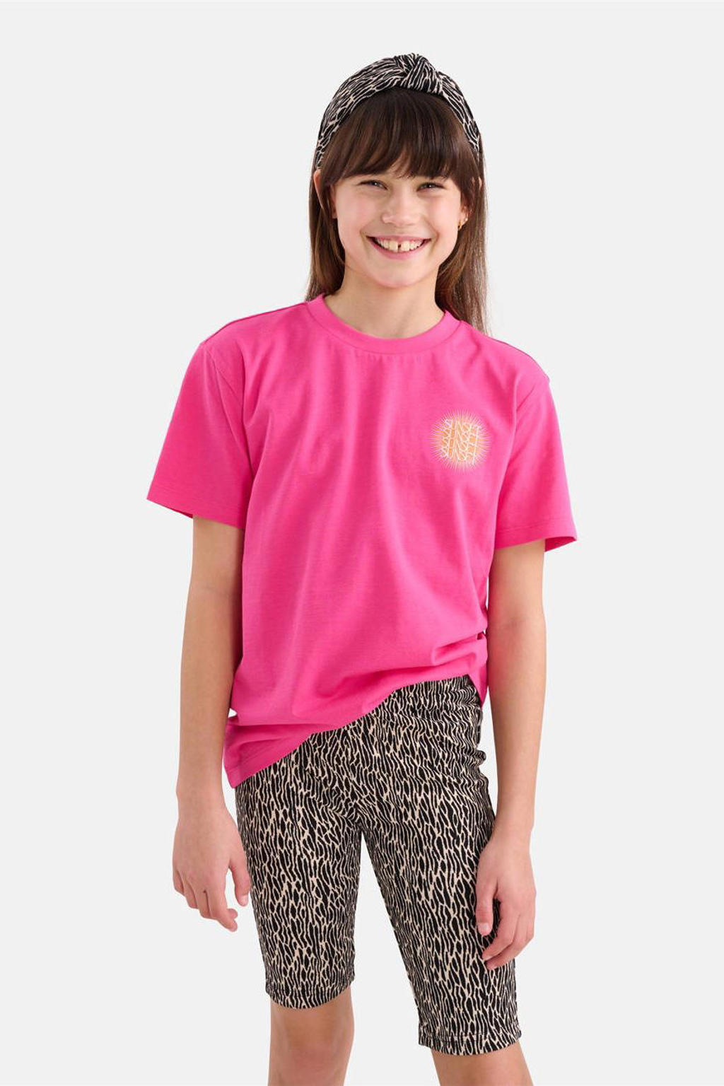 Roze meisjes Shoeby T-shirt van katoen met printopdruk, korte mouwen en ronde hals