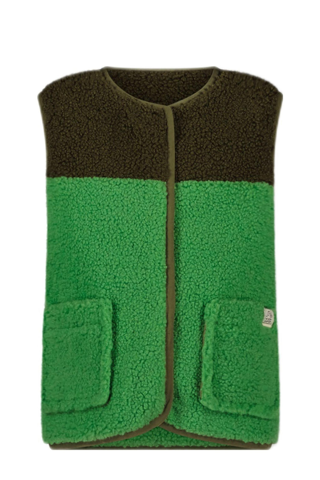 Groen en bruine jongens en meisjes The New Chapter bodywarmer van teddy materiaal met meerkleurige print, ronde hals en drukknoopsluiting
