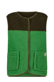 thumbnail: Groen en bruine jongens en meisjes The New Chapter bodywarmer van teddy materiaal met meerkleurige print, ronde hals en drukknoopsluiting