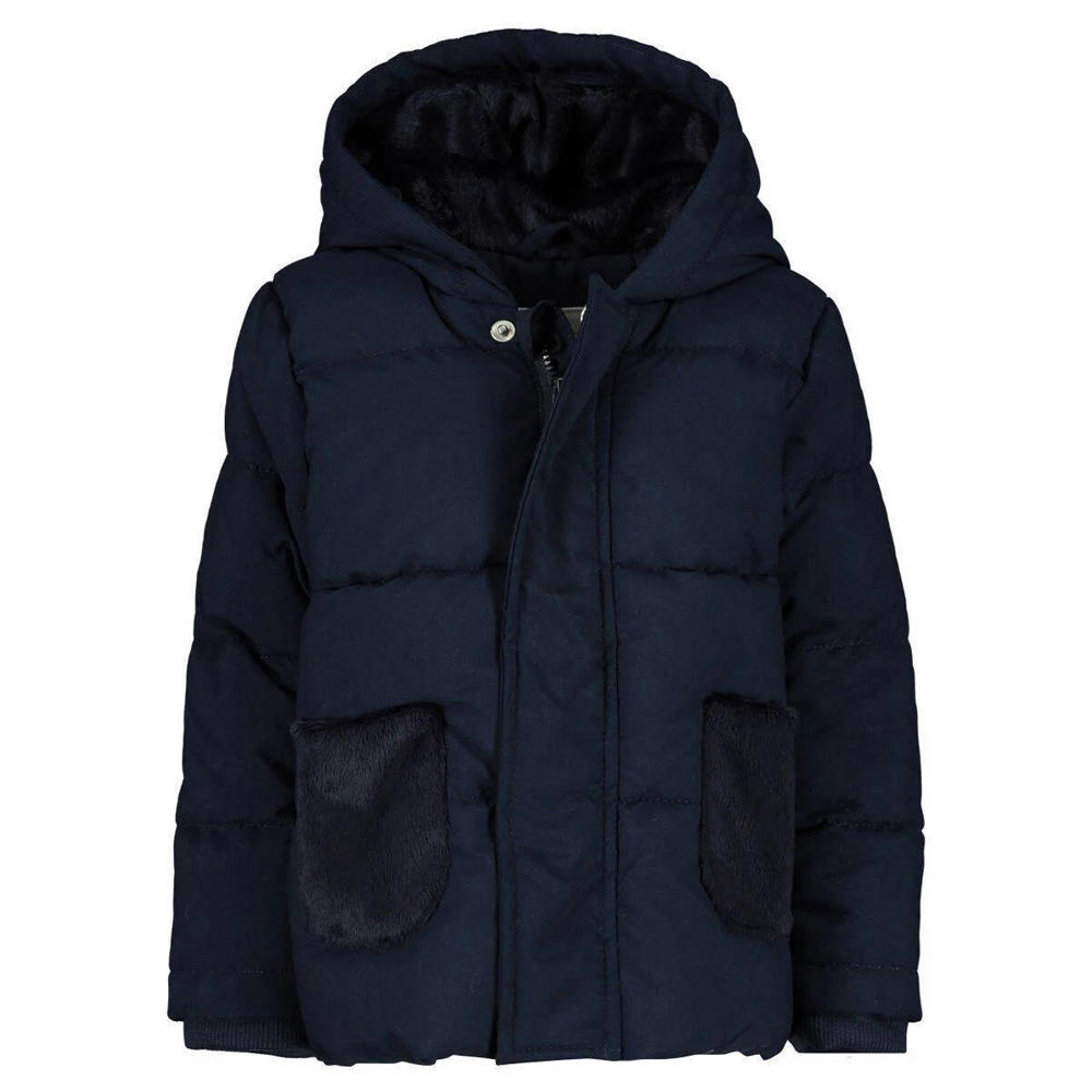 Donkerblauwe jongens Tom Tailor baby gewatteerde winterjas van polyester met effen, lange mouwen, capuchon en ritssluiting