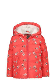 thumbnail: Oranje, wit en zwarte meisjes Tom Tailor baby gebloemde gewatteerde winterjas koraaloranje van polyester met lange mouwen, capuchon en ritssluiting