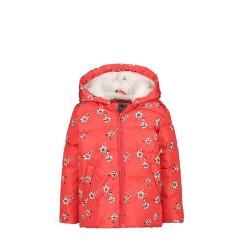 Tom Tailor baby gebloemde gewatteerde winterjas koraaloranje/wit/zwart Meisjes Polyester Capuchon