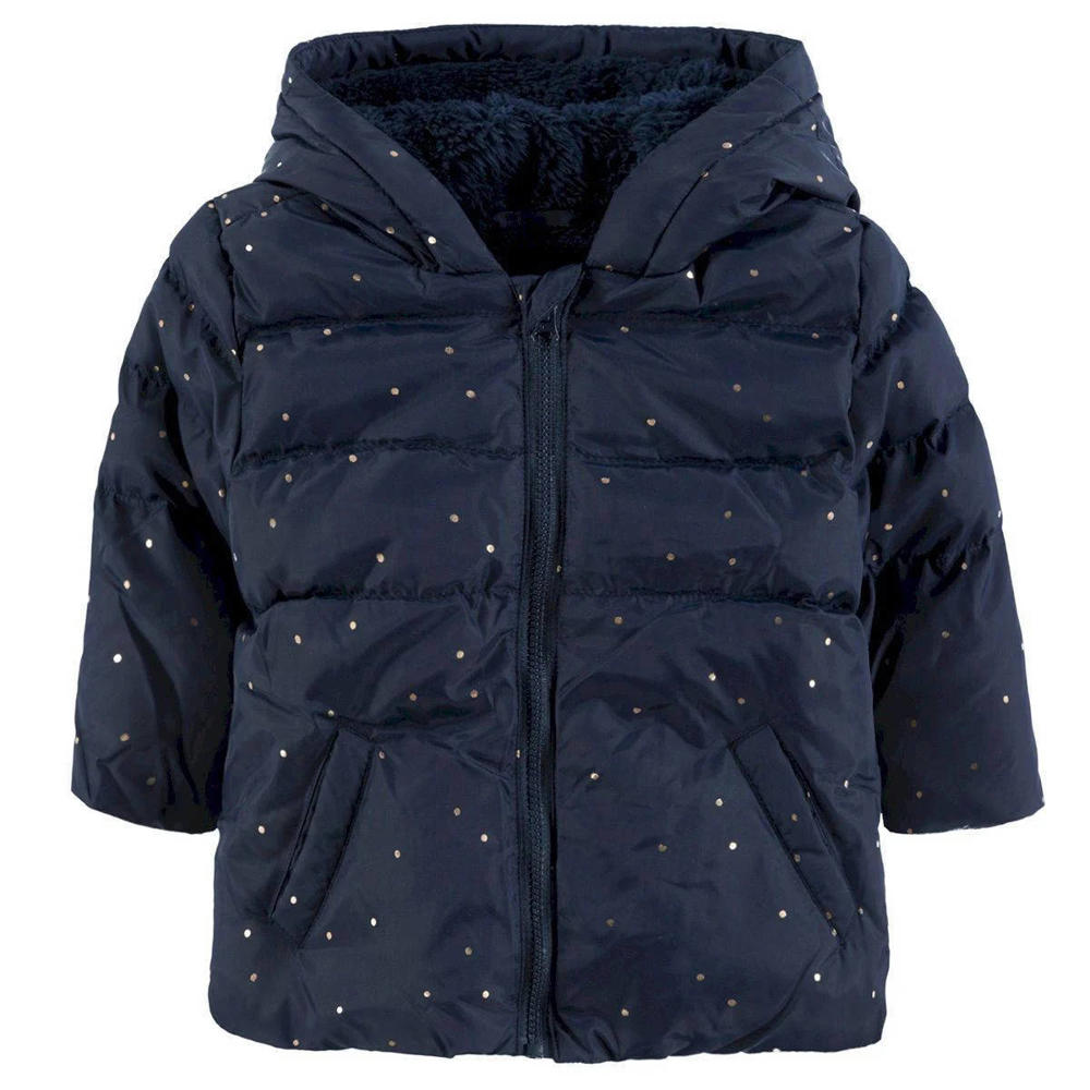 Donkerblauw en gouden meisjes Tom Tailor baby gewatteerde winterjas van polyester met stippenprint, lange mouwen, capuchon en ritssluiting