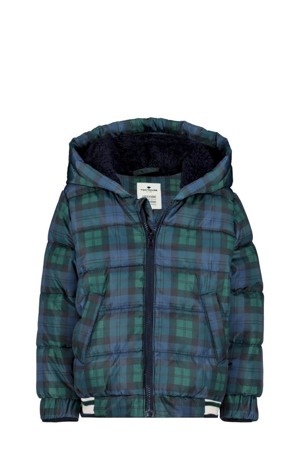 Donkerblauw en groene jongens Tom Tailor baby geruite gewatteerde winterjas van polyester met lange mouwen, capuchon en ritssluiting