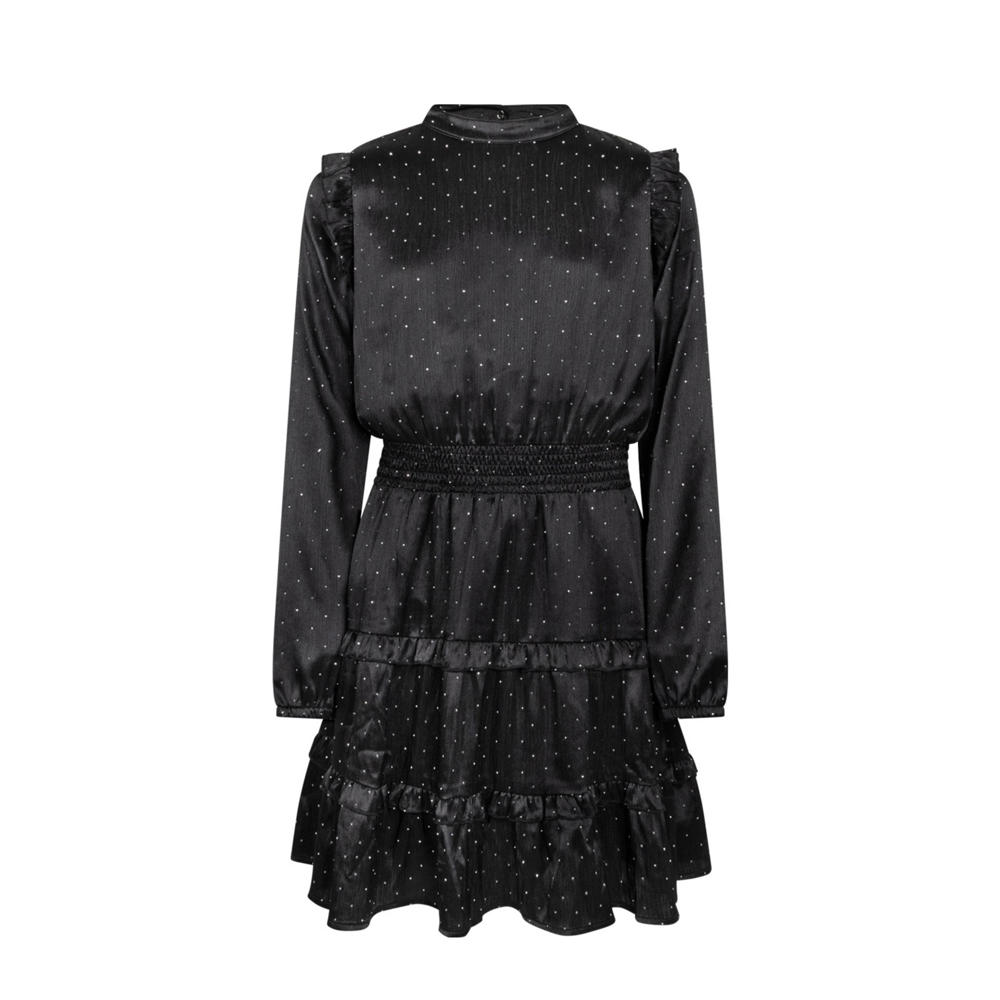 Zwarte meisjes AI&KO jurk van polyester met effen, lange mouwen, ronde hals, drukknoopsluiting en strass steentjes