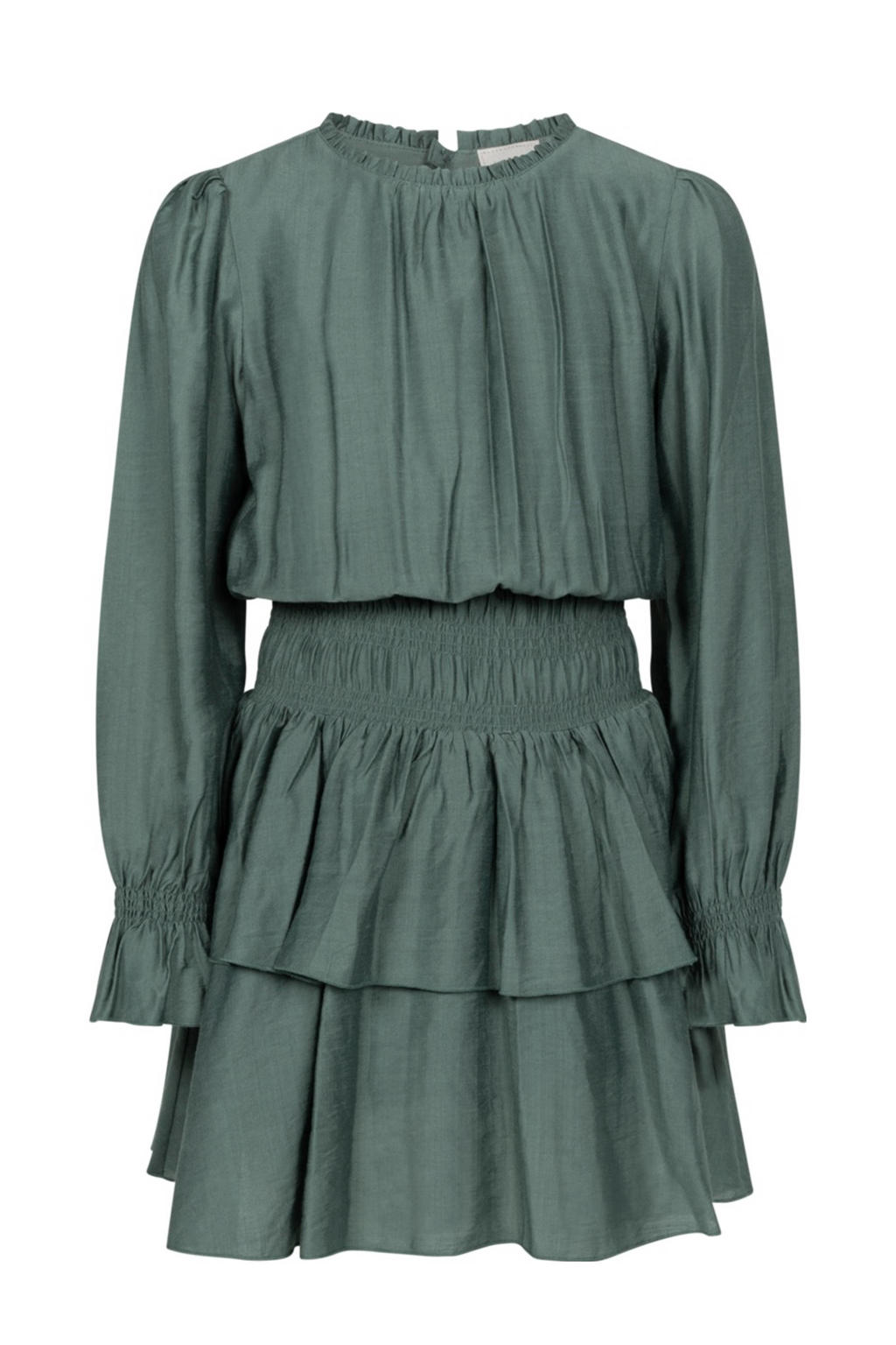 Groene meisjes AI&KO jurk van viscose met effen, lange mouwen, ronde hals en drukknoopsluiting