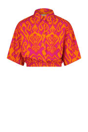 thumbnail: Roze, fuchsia en oranje Raizzed blouse Mona van viscose met korte mouwen, klassieke kraag, knoopsluiting en elastische boord