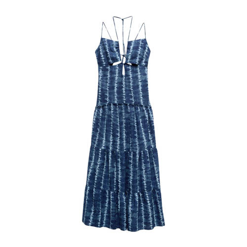 Mango Kids maxi A-lijn jurk met all over print met open rug blauw/wit Meisjes Katoen Ronde hals - 158(XS)