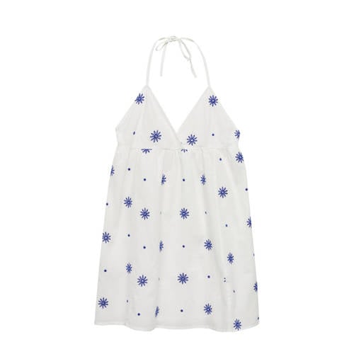 Mango Kids gebloemde A-lijn jurk wit/hardblauw Meisjes Katoen V-hals Bloemen - 172(L)