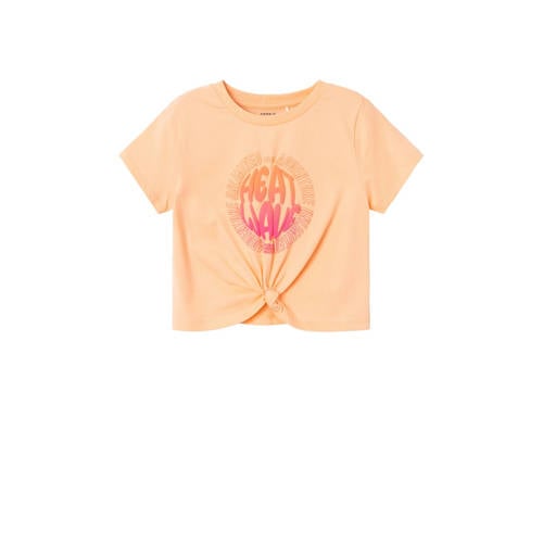 NAME IT KIDS T-shirt NKFJUPITA met printopdruk perzik Oranje Meisjes Biologisch katoen Ronde hals