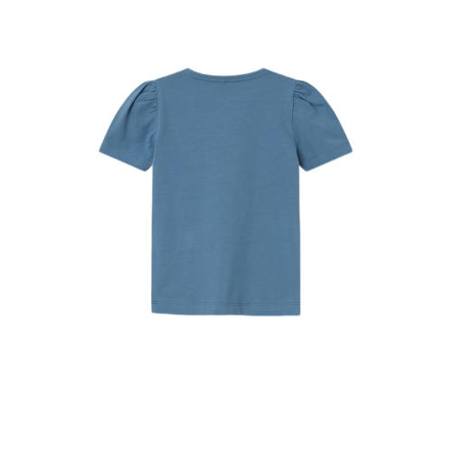 Name it MINI T-shirt NMFFAYE met printopdruk en glitters middenblauw Meisjes Biologisch katoen Ronde hals 122 128