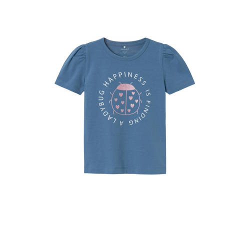 NAME IT MINI T-shirt NMFFAYE met printopdruk en glitters middenblauw Meisjes Biologisch katoen Ronde hals