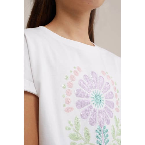 WE Fashion T-shirt met printopdruk wit Meisjes Katoen Ronde hals Printopdruk 158 164