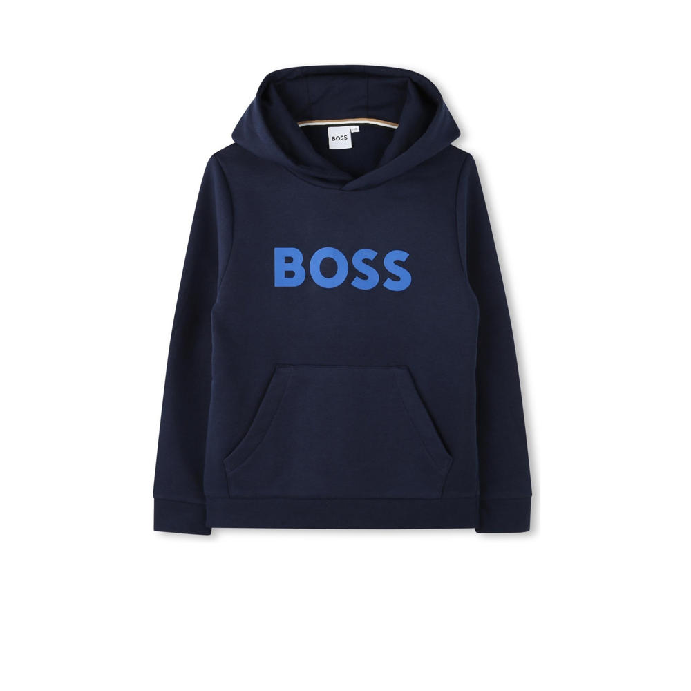 Donkerblauwe jongens BOSS hoodie van katoen met logo dessin, lange mouwen en capuchon